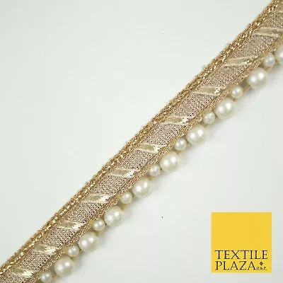 Gold Metallic Ribbon & Pearl Trim Border Ribbon Gota Lace 2cm Wide X695 • £2.75