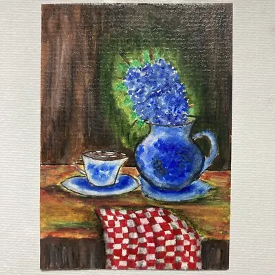 ACEO Original Acrylic Painting Mini Cup Serviette Tea Table Flower Pot Ooak • $9.99