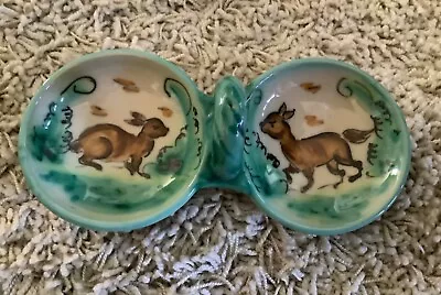 Vintage El Puente Ceramica Majolica Pottery Double Bowl Handpainted Deer/Rabbit • $22.95