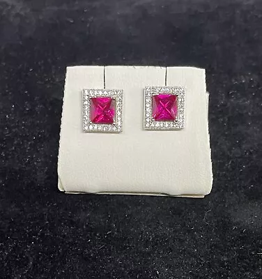 Platinum Finish Micropave Simulated Ruby Earrings With Simulated Diamonds • $124.95