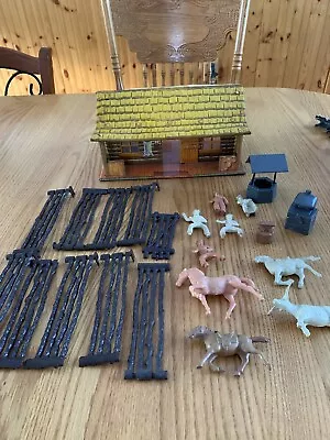 Vintage Marx Bar M Ranch Set Litho Cabin !!! With Some Fences Cowboys Animals  • $44.99