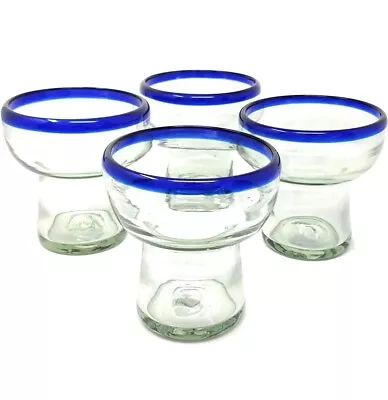 Mexican Hand Blown Glass – Set Of 4 Stemless Blue Rim Margarita Glasses (14oz) • $41.99