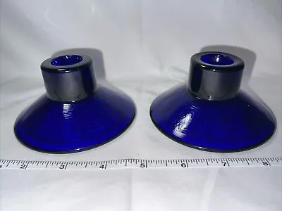 Vintage Pair Cobalt Blue Glass Candle Holders Art Deco MCM Ring Design UFO Shape • $25