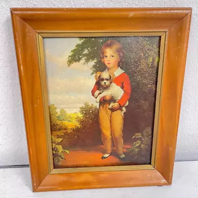 VTG Wood Framed Print Master Simpson A. W. Devis Boy Dog 10.5x13 Lithograph Art • $25