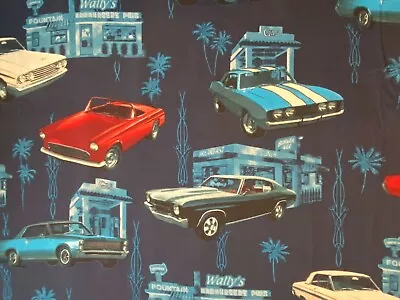 Retro Cars Vintage Car Camero Vet More Tropical Rare Navy Cotton Fabric Fq • $4.49