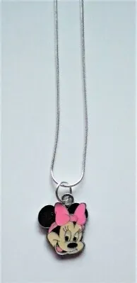 Disney Minnie Mouse With A Pink Bow 925 Sterling Silver Enamel Pendant Necklace • £5