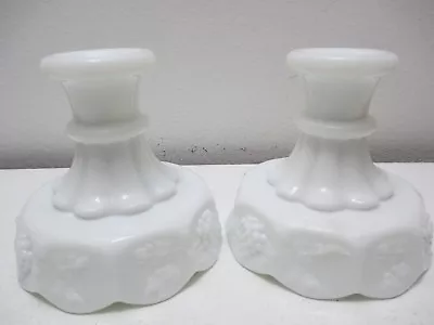 Vintage Westmoreland Glass PAIR Candle Holders Paneled Grape White Milk Glass 4  • $23.24