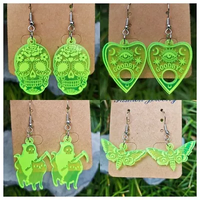Halloween Horror Skull Earrings Neon Green Acrylic For Dia De Muertos Jewelry • $2.39