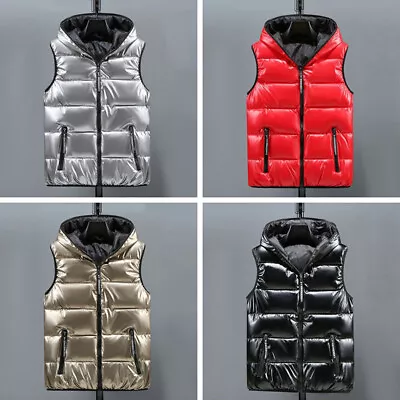 Mens Puffer Quilted Hooded Waistcoat Metallic Shiny Gilet Bubble Jacket Coat • $36.23