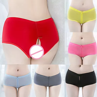 Women See Through Brief Panties Zip Glossy Open Crotch Underwear Underpant Thong • £5.96