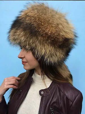 Raccoon Fur Full Hat Adjustable Saga Furs All Fur Hat Pillbox Fur Hat • $188