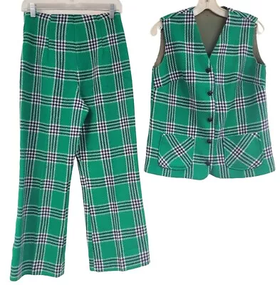 VINTAGE 1970s MODE O DAY PANT SUIT GREEN PLAID VEST & WIDE LEG PANTS SM • $49