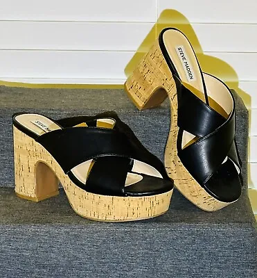 Women’s Size 8 Steve Madden Black Cork Wedges • $25