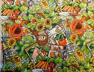 M674 Fabric Susan Winget Fab Trad Garden Tools Seeds Sunflowers Cotton 21  X 44  • $7.99