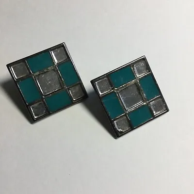 Vintage YSL Yves Saint Laurent Square Clip Earrings With Mirror Square Pattern • £45.61