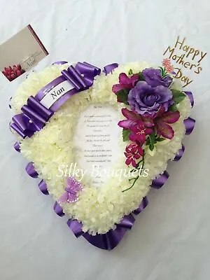 Artificial Silk Funeral Flower Heart Poem Photo Tribute Wreath Purple Mum Nan • £33