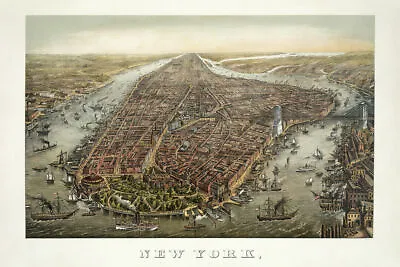 361508 Map New York City Manhattan Boats Bird's Eye View Vintage Poster • $24.95
