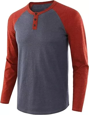 Remelon S Men Long Sleeve T Shirt Raglan Henley Shirt Casual Basic Top Baseball • £7.50