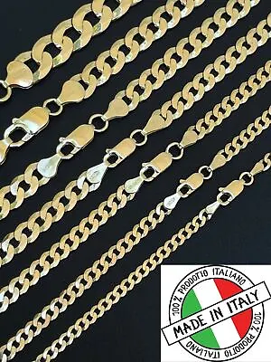 REAL Solid 925 Silver 14k Gold Plated Flat Cuban Link Chain Necklace 3mm - 11mm • $274.93