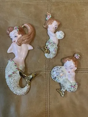 Vintage Ceramic MERMAID TRIO WALL HANGING PLAQUE Sugared Flowers Rare • $599.99