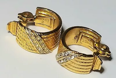 Vintage Monet Hoop Clip On Earrings Textured Rope Design & Rhinestones Signed • $14.95