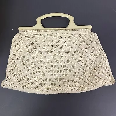 Vintage 1960s Ivory Crochet Handheld Clutch Bag Purse Boho Granny Chic Beige • $9.95