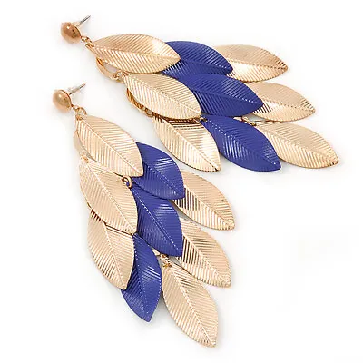 Long Gold/ Purple Textured Leaf Chandelier Earrings In Gold Tone - 11cm L • £9