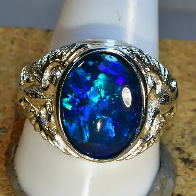 Genuine Australian Opal BIG! HEAVY! Mans Solid 925 Silver Ring (16769) • $295