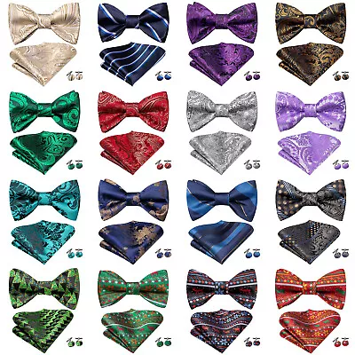 Shine Gold Mens Bowtie Self Pre Black Tied Silk Paisley Wedding Bow Tie Hanky • $7.24