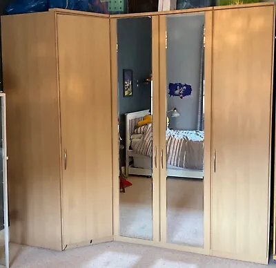 4 Door Corner Wardrobe With 2 Mirror Doors Excellent Condition Light Oak Effect • £299