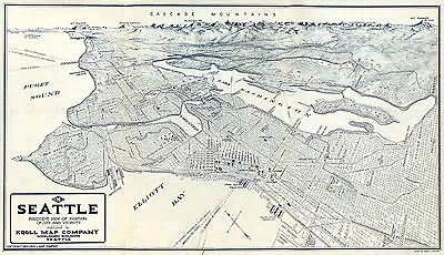 1921 Map Birdseye Aerial View Of Seattle Vintage Historical Wall Poster Office • $37.95