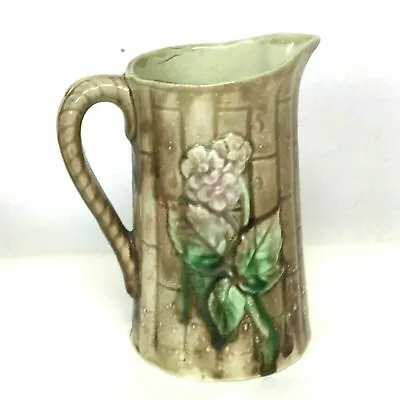 Antique Majolica Cream Milk Pitcher W/ Bamboo Rope Hand Yellow Flower Decor • $30