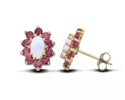 9ct Yellow Gold Natural Opal & Ruby Cluster Stud Earrings • £79.95