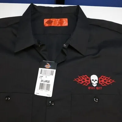 NEW NWT DICKIES FLAMED SKULL PissOff ROCKABILLY PIT CREW RACING WORK SHIRT • $49.95