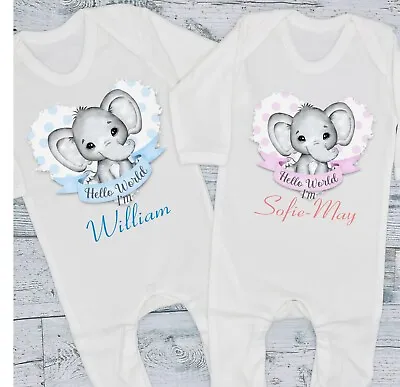 Hello World Elephant Personalised Baby Grow Romper Vest New Baby Hospital Bag • £11.99