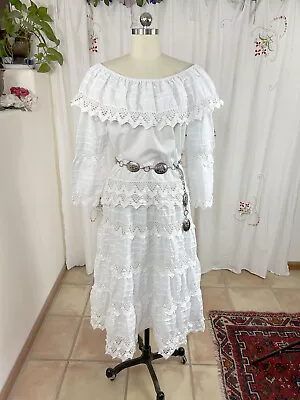 Vtg Salma Mexican Wedding Dress 2PC White Pintuck Top/Skirt Fiesta Boho Sz S/M-8 • $119