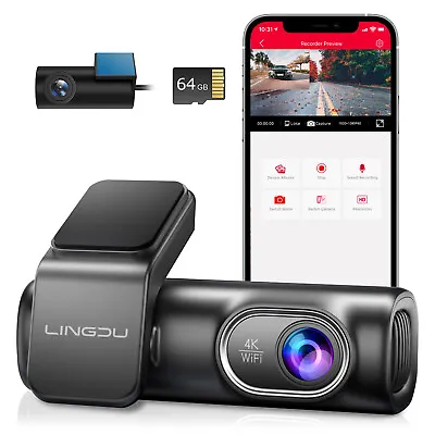 $116.99 • Buy LINGDU Smart Dash Cam 4K 3840x2160P Front Rear 5GHz WiFi GPS Voice Control +64G