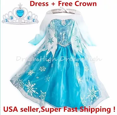 Kids Girls Dress Frozen Elsa Anna Party Costume Princess +  Free Crown 2-10Y • $14.98