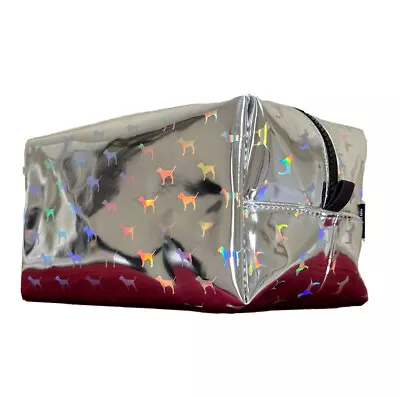 Victoria’s Secret PINK Bag Dog Logo Holographic Travel Makeup Case Silver NEW • $21