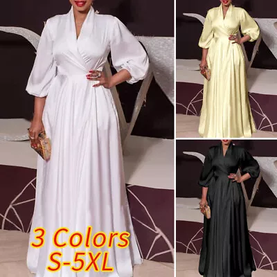 Women V Neck Puff Sleeve Long Maxi Dress Wedding Party Prom Grom Dresses 8-24 • £12.91