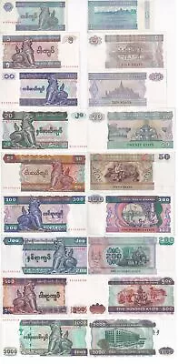 Myanmar Set 9 UNC 1 5 10 20 50 100 200 500 1000 Kyats 1995-2004 P 69 70 -79 80 N • $1.53