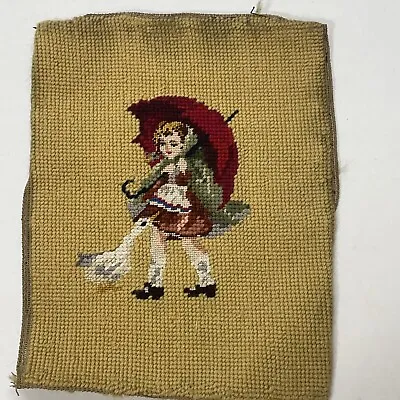 Vintage NEEDLEPOINT PICTURE 10x8 Girl W/ Umbrella And Goose - Early 1900s • $23.09