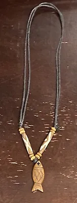 Carved Tibetan Yak Bone Fish Necklace W/Beads & Adjustable Black Leather Cord • $9.99