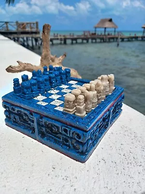 Mayan Chess Set Aztec Handmade Blue Box Unique Caribbean Artwork Blue 6*6inch • $79.99