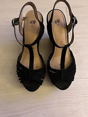 Black Strappy Cork Wedges By H&M UK Size 4/37 • £12.99