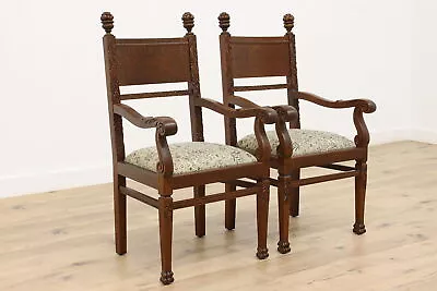 Pair Of Victorian Antique Carved Oak Library Office Or Desk Chairs #43825 • $1160