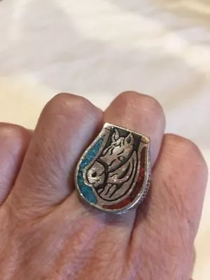 Vintage Horse Shoe Ring Silver White Bronze Men's Inlay Size 16 • $44