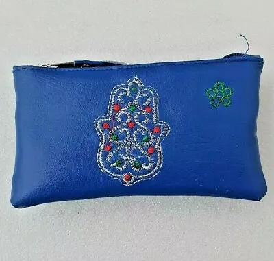 Moroccan Faux Leather Handbag Pouch Purse Women Hamsa Make Up Bag Wallet Blue • $10