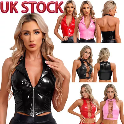 UK Womens Leather Vest Tops Halter Notch Neck Zipper Clubwear Slim Fit Crop Tops • £13.09