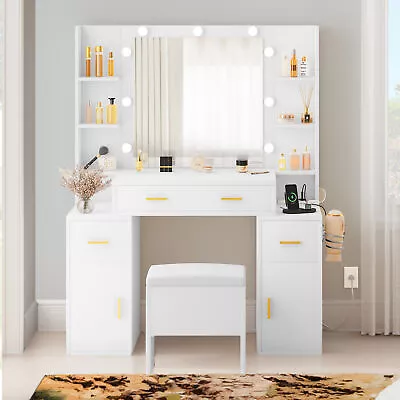 Vanity Makeup Table Set Dressing Desk With 9 LED Lighted Mirror & Power Outlets • $249.99